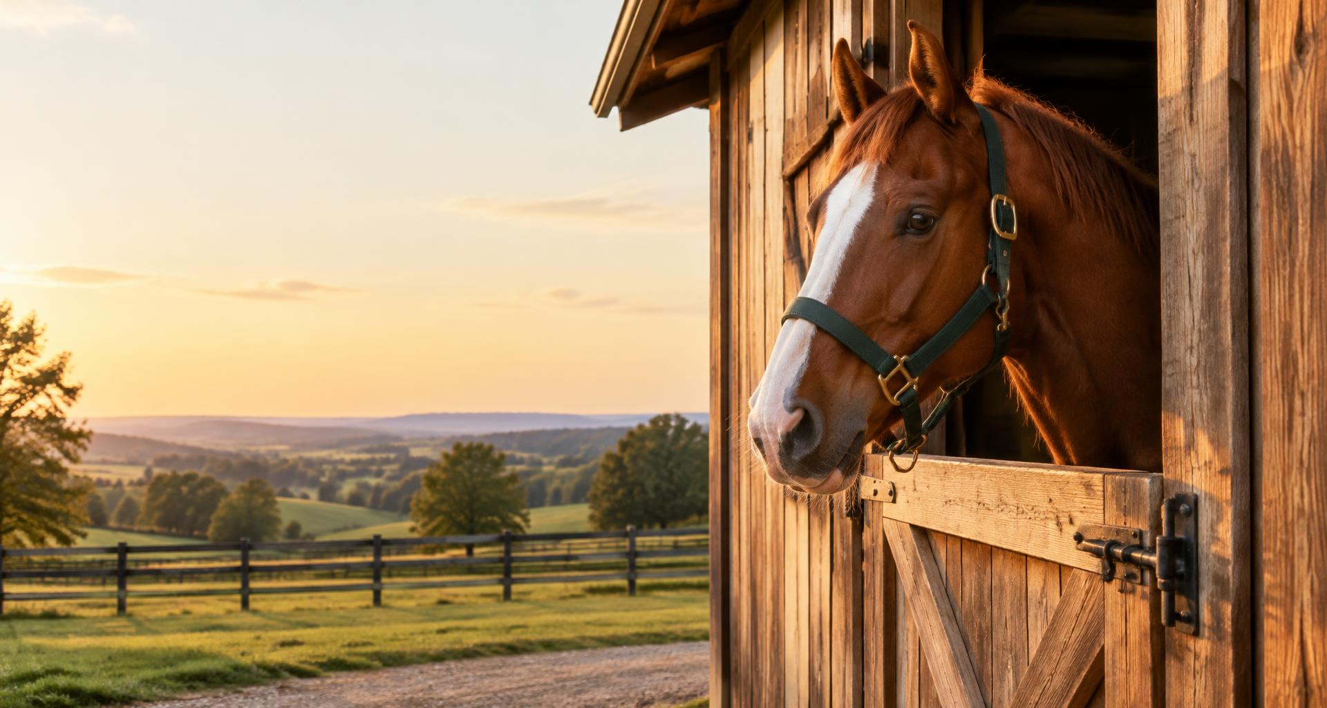 A chestnut horse looking out of a sunlit wooden stable